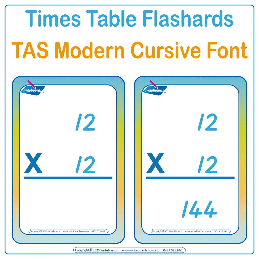 Teach multiplication with TAS Modern Cursive Font Times Tables 288 Flashcards for TAS classrooms