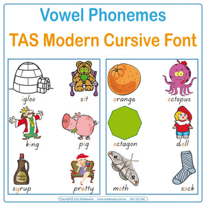 Teach vowel phonemes with TAS Modern Cursive Font posters featuring 211 words and pictures