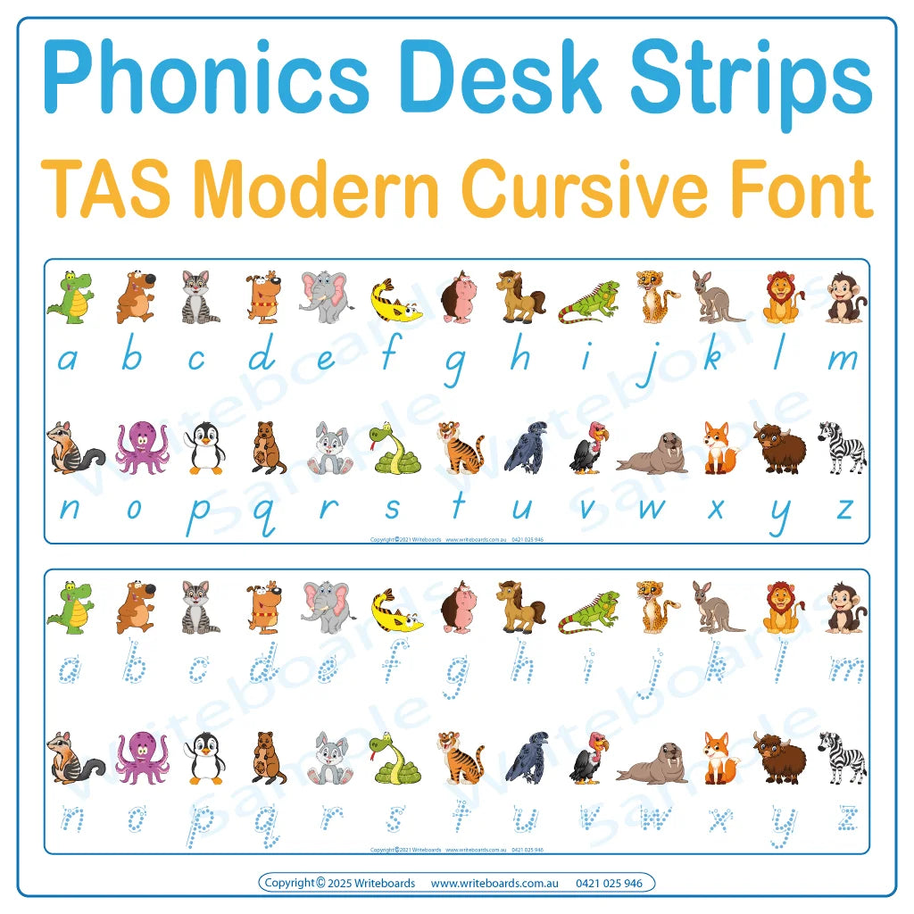 Help students connect letters and sounds with animal-themed desk strips in TAS Modern Cursive Font