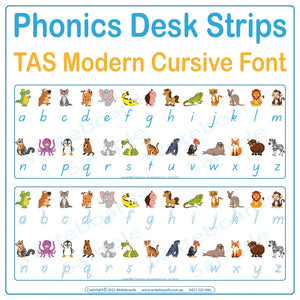 Help students connect letters and sounds with animal-themed desk strips in TAS Modern Cursive Font