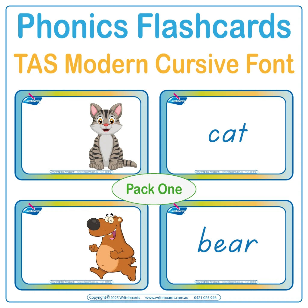 Animal phonic flashcards in TAS Modern Cursive Font supporting sound recognition and letter formation for students