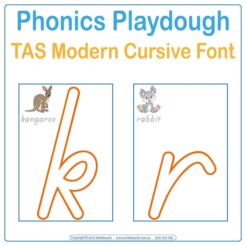 TAS Modern Cursive Font Interactive playdough tracing worksheets with phonics reinforcing letter formation and sounds