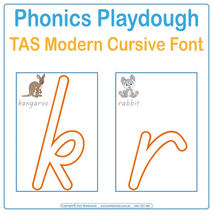 TAS Modern Cursive Font Interactive playdough tracing worksheets with phonics reinforcing letter formation and sounds