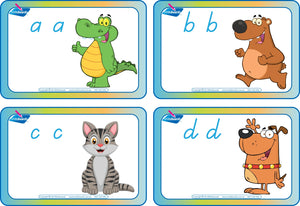 TAS Modern Cursive phonics flashcard showing an animal picture with the repeated phonics letter