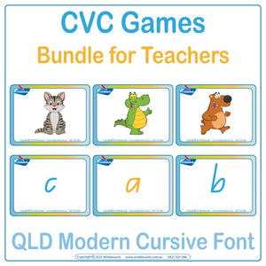 QLD Modern Cursive CVC Flashcards phonics games for letter sound learning
