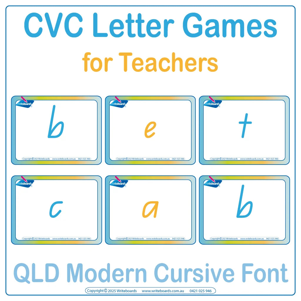 QLD Modern Cursive CVC flashcards letter games for teachers to teach phonics and letter sounds