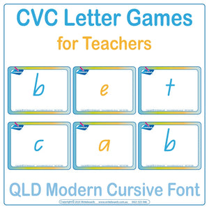 QLD Modern Cursive CVC flashcards letter games for teachers to teach phonics and letter sounds