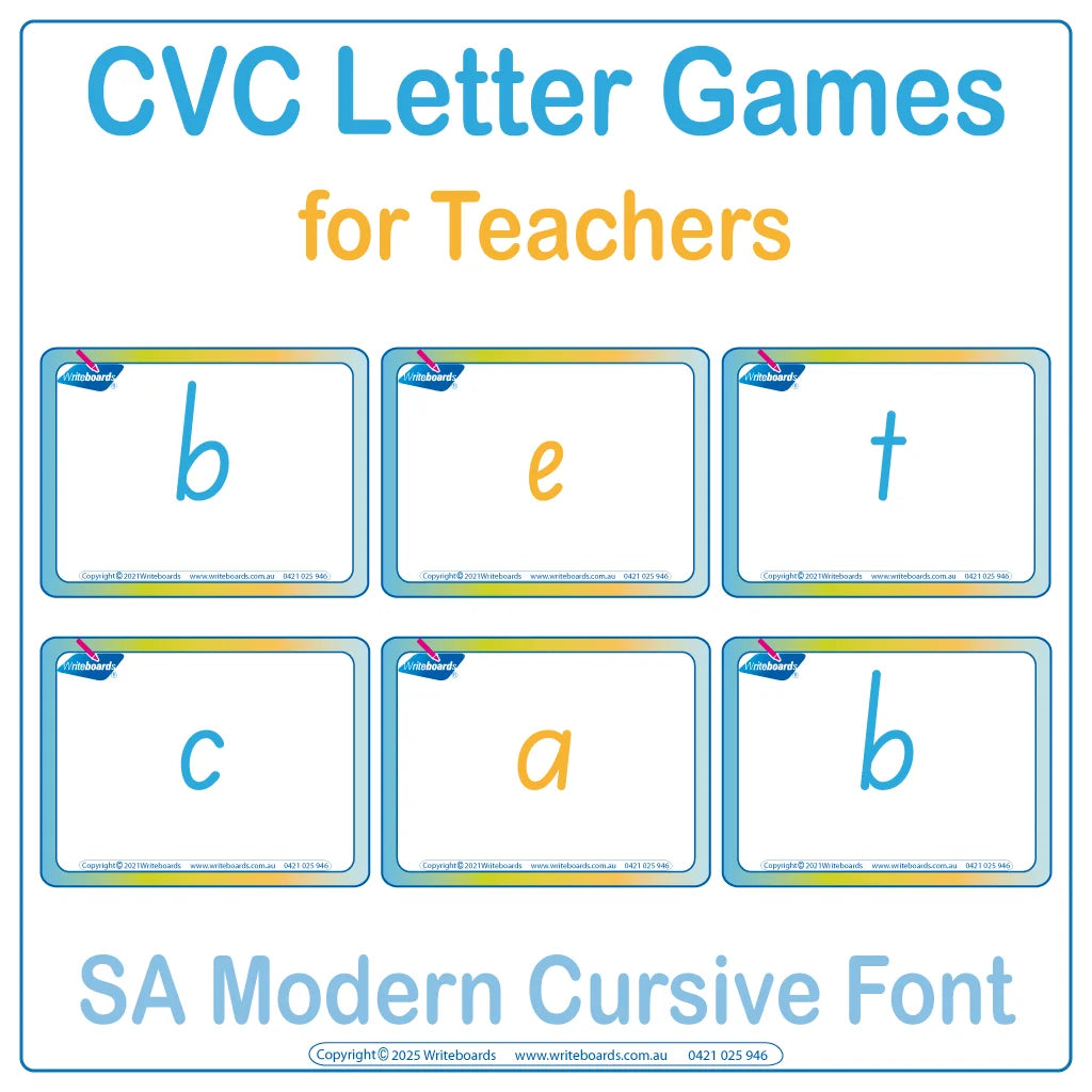 SA Modern Cursive CVC flashcards letter games for teachers to teach phonics and letter sounds