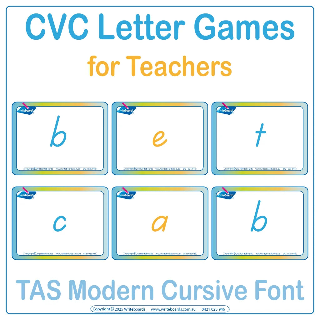 TAS Modern Cursive CVC flashcards letter games for teachers to teach phonics and letter sounds