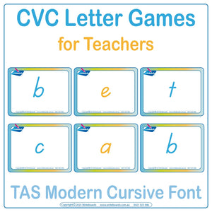 TAS Modern Cursive CVC flashcards letter games for teachers to teach phonics and letter sounds