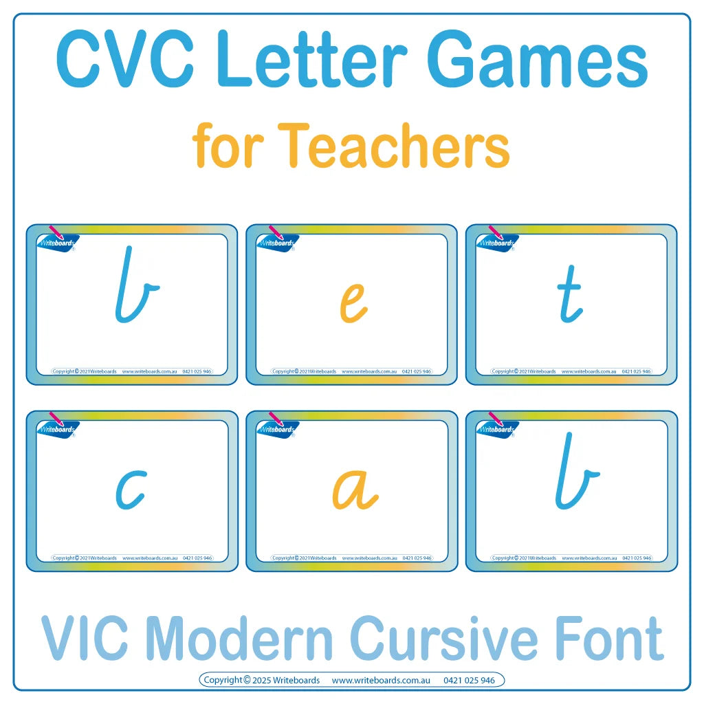 VIC Modern Cursive CVC flashcards letter games for teachers to teach phonics and letter sounds