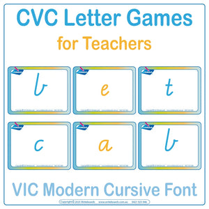 VIC Modern Cursive CVC flashcards letter games for teachers to teach phonics and letter sounds