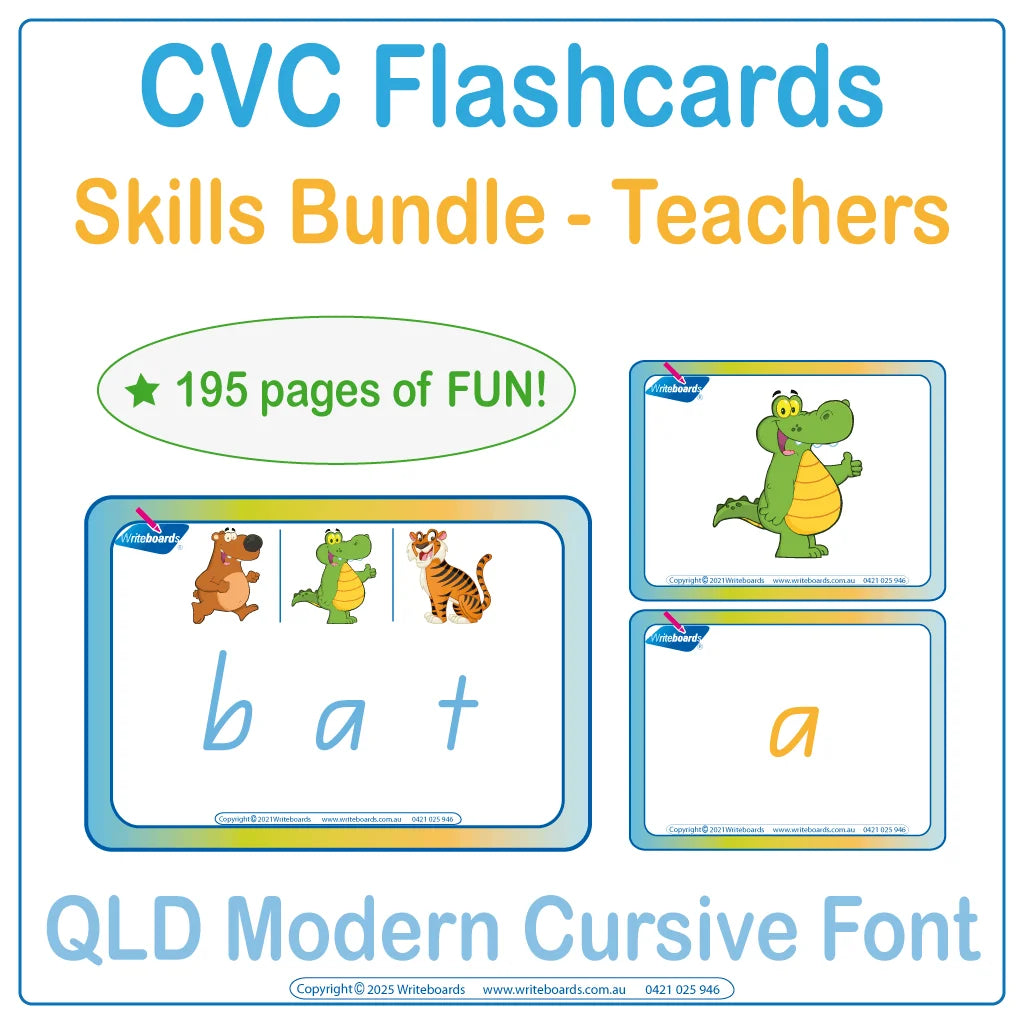 QLD Modern Cursive CVC flashcard skills bundle for teachers covering all CVC words and phonics