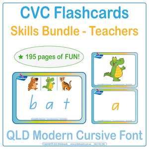 QLD Modern Cursive CVC flashcard skills bundle for teachers covering all CVC words and phonics