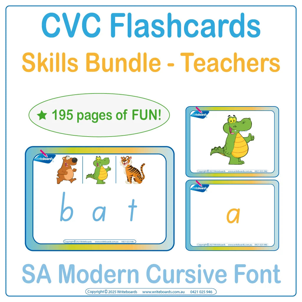 SA Modern Cursive CVC flashcard skills bundle for teachers covering all CVC words and phonics