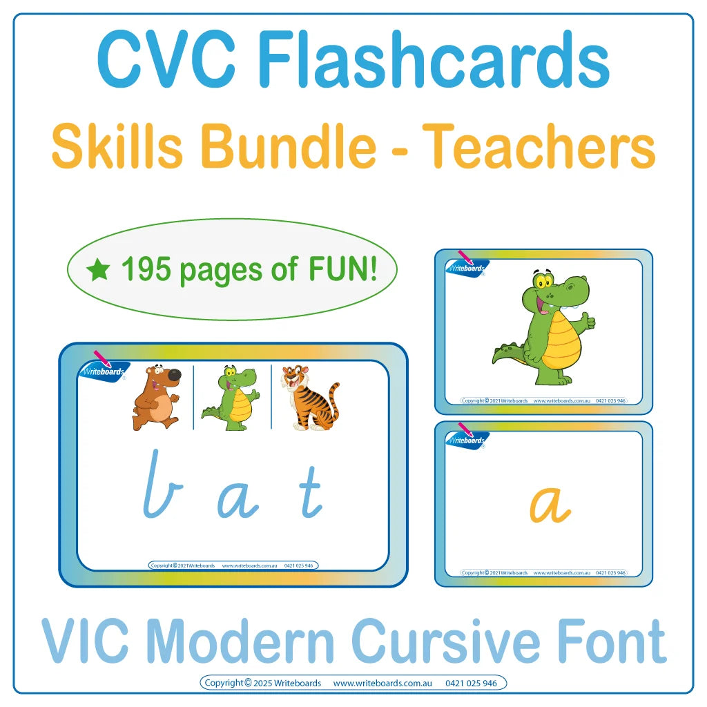 VIC Modern Cursive CVC flashcard skills bundle for teachers covering all CVC words and phonics
