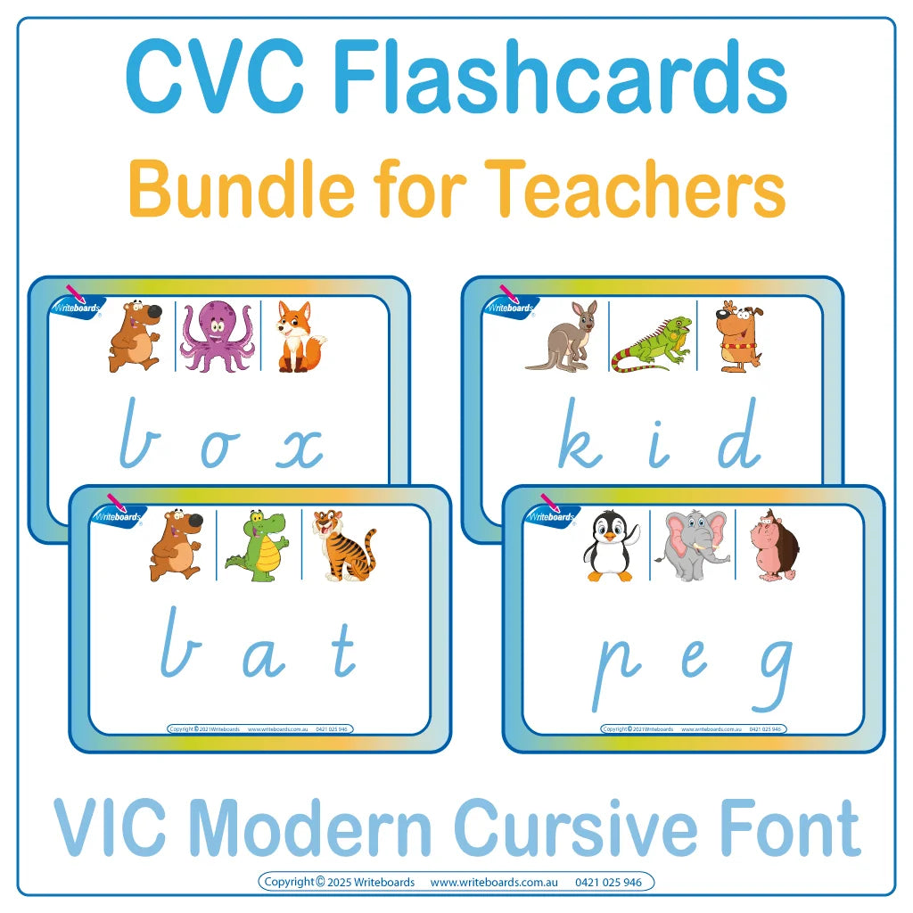 VIC Modern Cursive CVC flashcard bundle for teachers to teach phonics and letter sounds