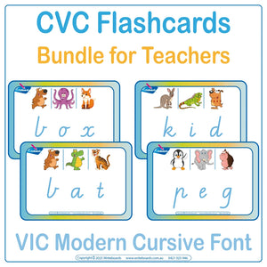 VIC Modern Cursive CVC flashcard bundle for teachers to teach phonics and letter sounds