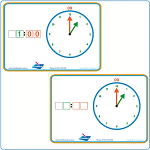 Early Stage One Learn to tell the hourly time worksheets for teachers, colour coded teacher resources 