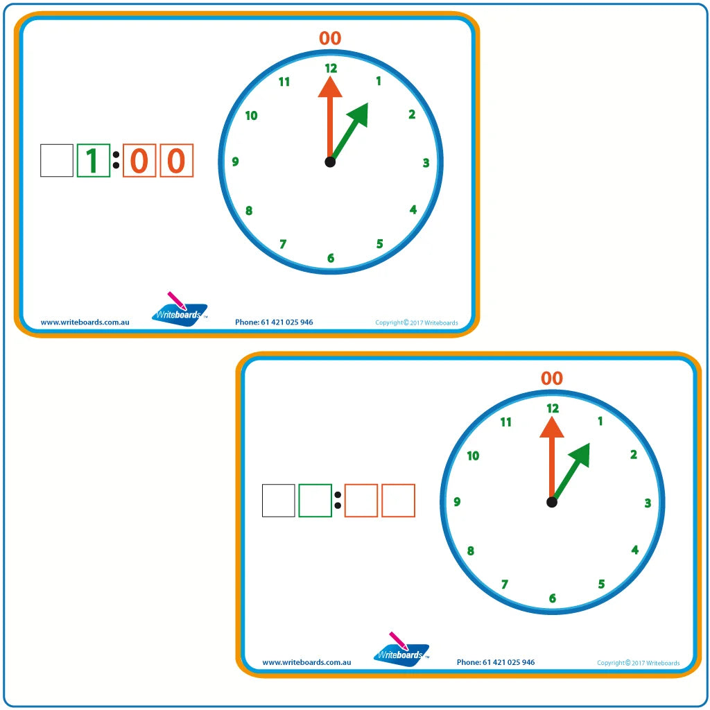 Teach your child how to tell the time by the hour with color-coded clocks and digital