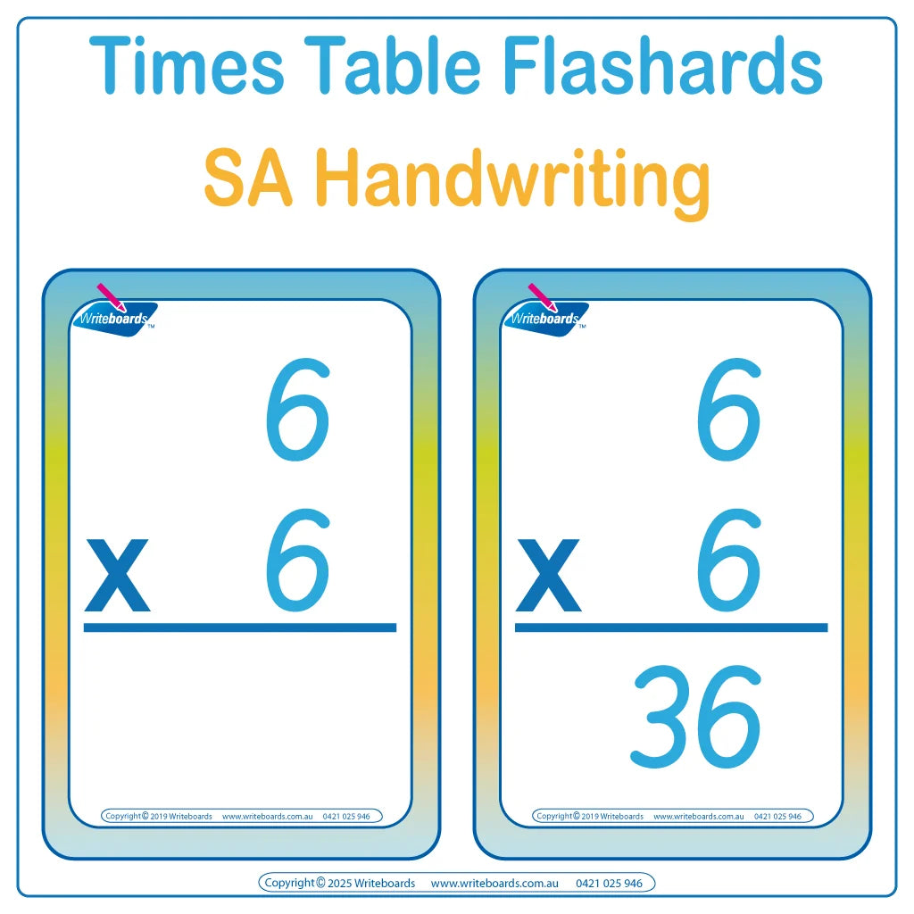 Teach your child times tables with 288 SA Modern Cursive Font flashcards with and without answers