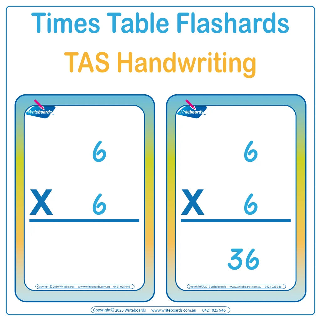 Teach your child times tables with 288 TAS Modern Cursive Font flashcards with and without answers