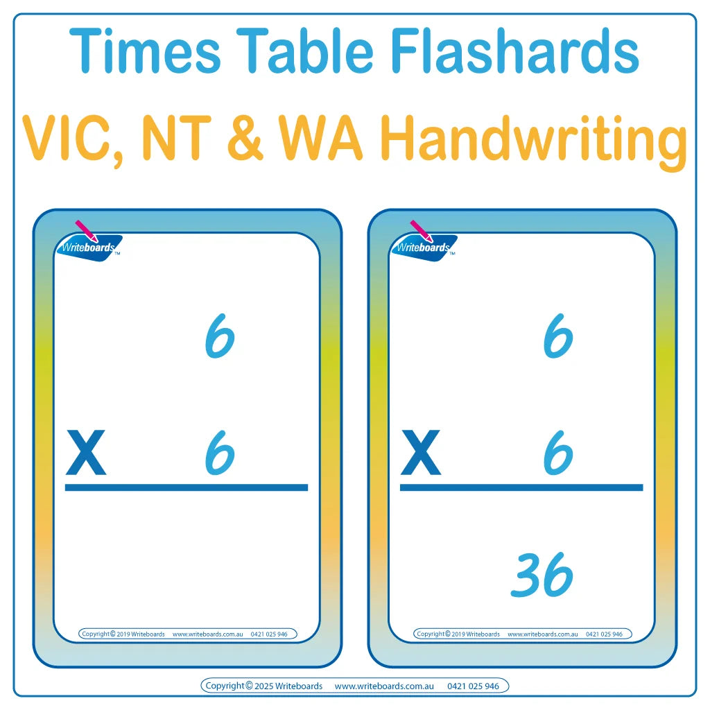 Teach your child times tables with 288 VIC Modern Cursive Font flashcards with and without answers