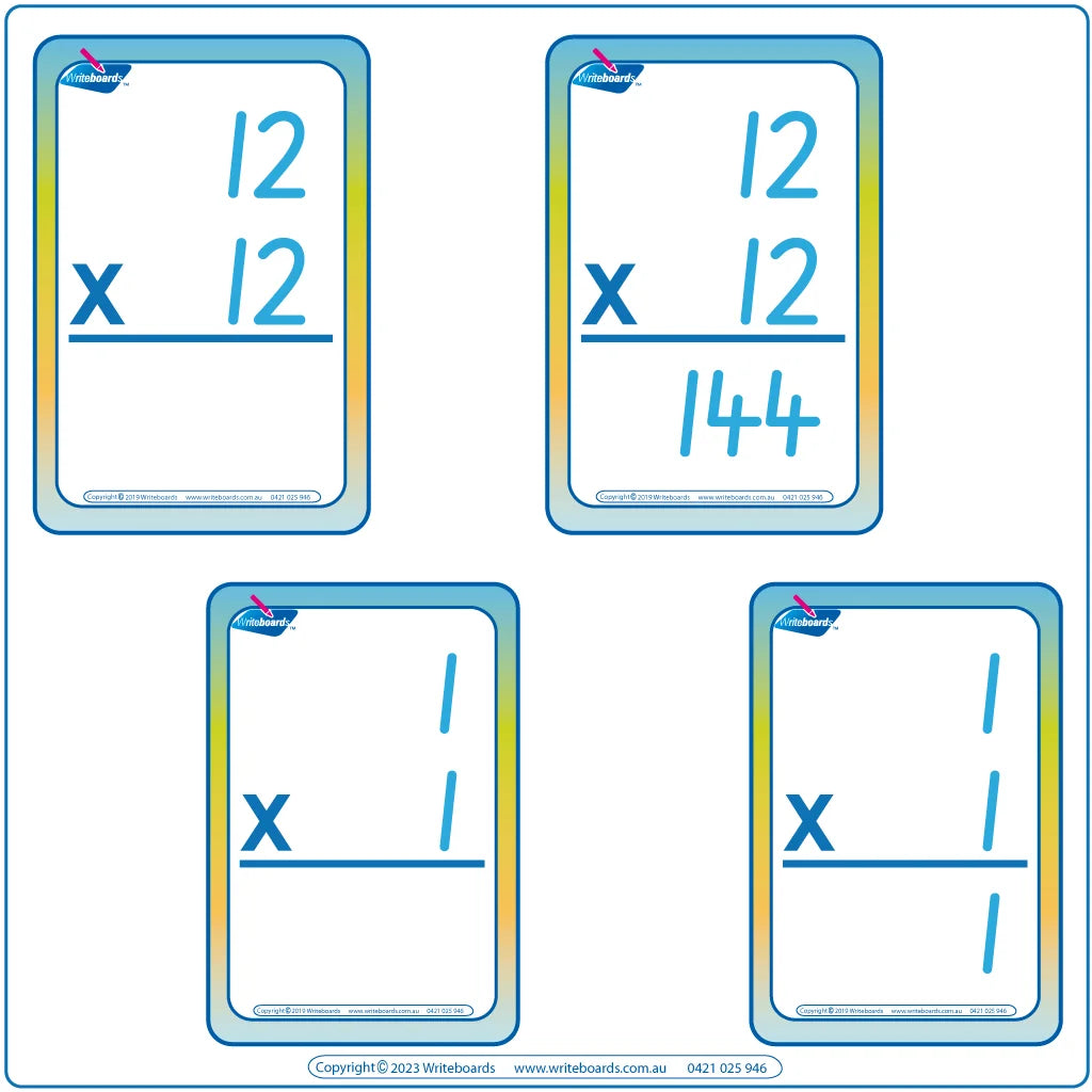 Teach multiplication with SA Modern Cursive Font Times Tables 288 Flashcards for SA classrooms