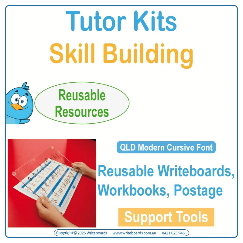 QLD Modern Cursive Inclusive Tutor Kits for Tutors and OTs – reusable Writeboards plus free handwriting resources