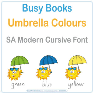 Teach colour recognition and handwriting with this 12-page Colours Busy Book in SA Modern Cursive Font