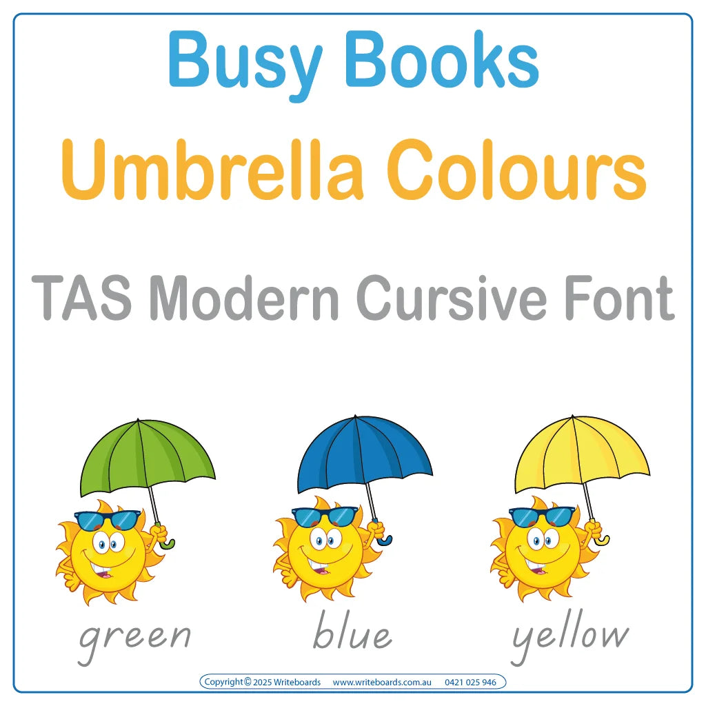 Teach colour recognition and handwriting with this 12-page Colours Busy Book in TAS Modern Cursive Font