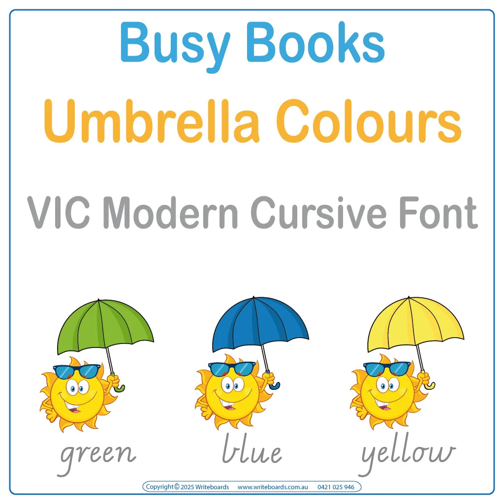 Teach colour recognition and handwriting with this 12-page Colours Busy Book in VIC Modern Cursive Font