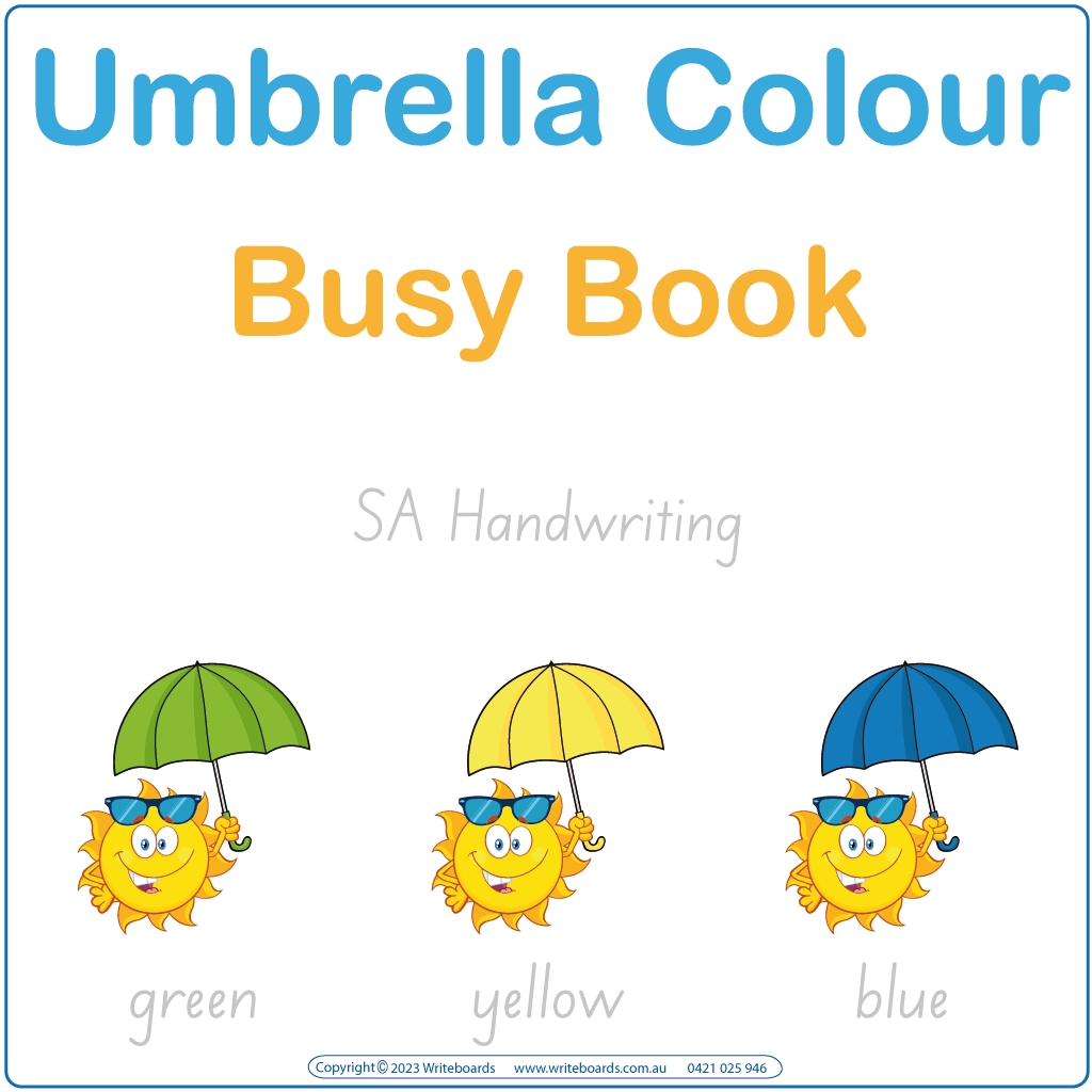 Teach your child colours with our 12-page Colours Busy Book featuring SA Modern Cursive Font handwriting