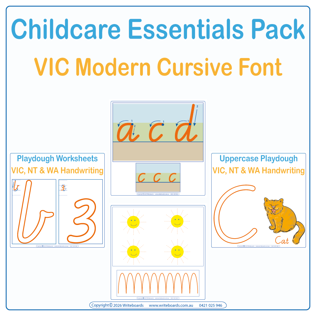 VIC Modern Cursive Font Childcare Essentials Pack - Playdough plus Letter & Number Worksheets