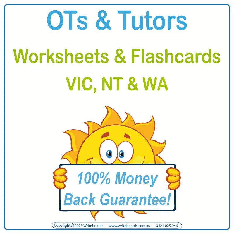 VIC Modern Cursive Font Traceable Worksheets and Flashcards for Occupational Therapists and Tutors, VIC Therapists Resources