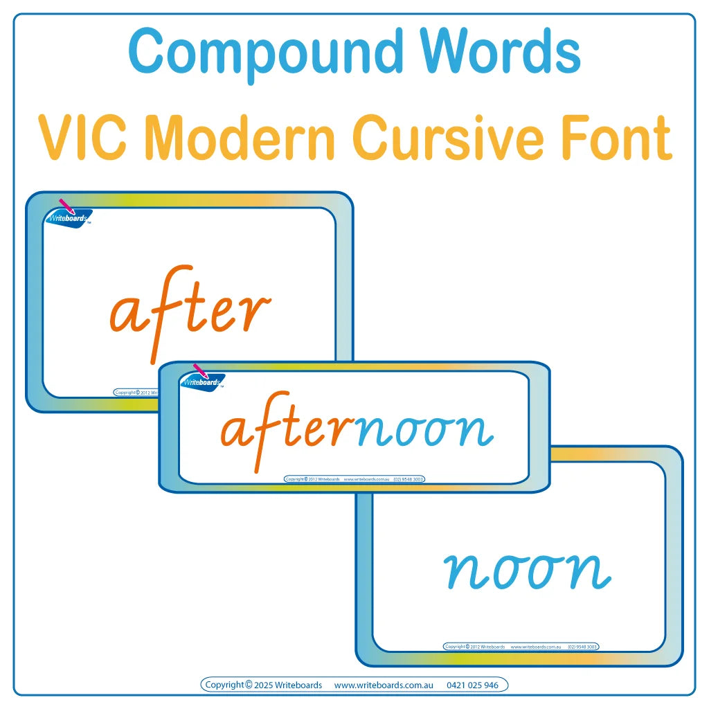VIC Modern Cursive Font Compound Word Flashcards & Worksheets for Occupational Therapists and Tutors 