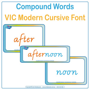 VIC Modern Cursive Font Compound Word Flashcards & Worksheets for Occupational Therapists and Tutors 