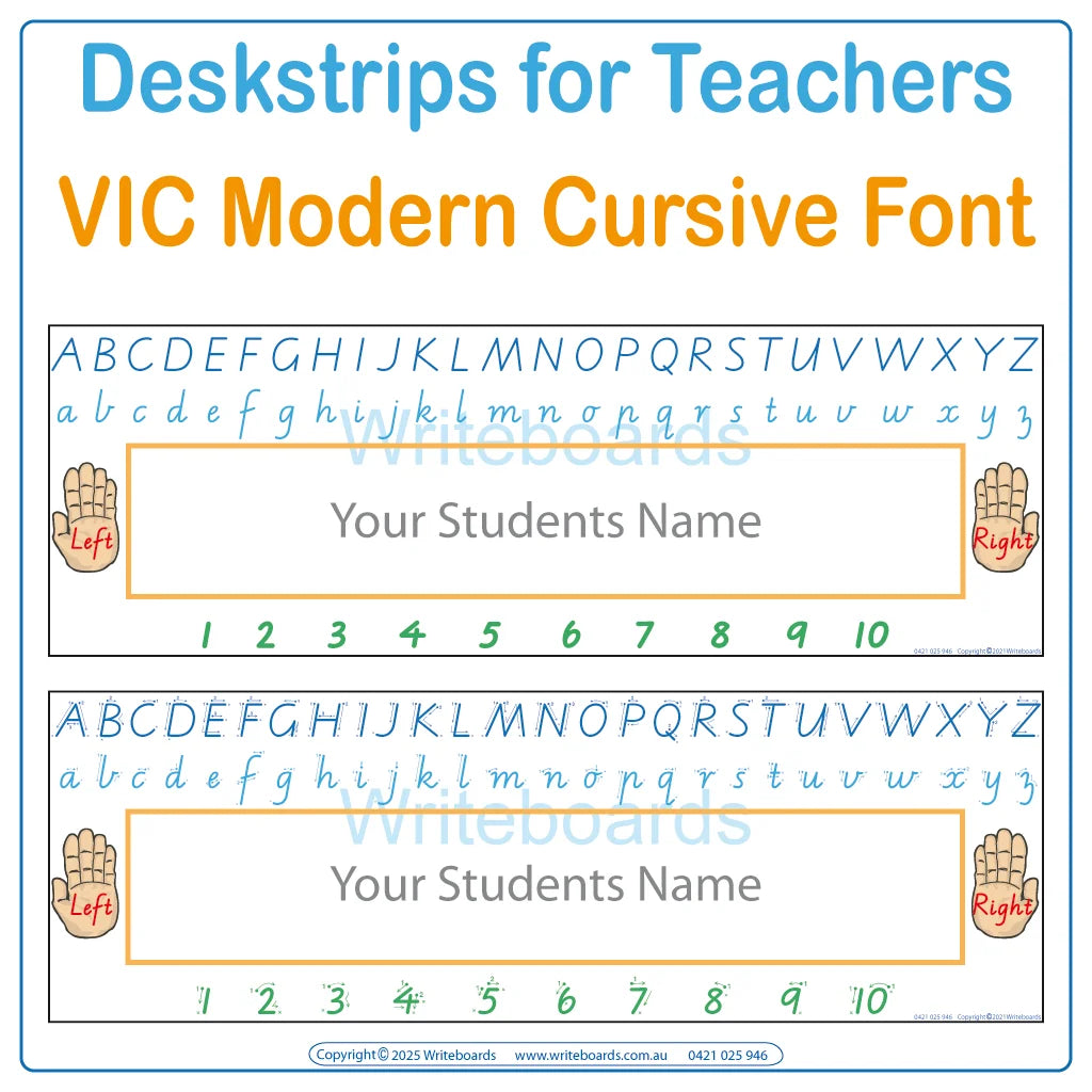 VIC Modern Cursive Font Desk Strips for Prep & Childcare Educators