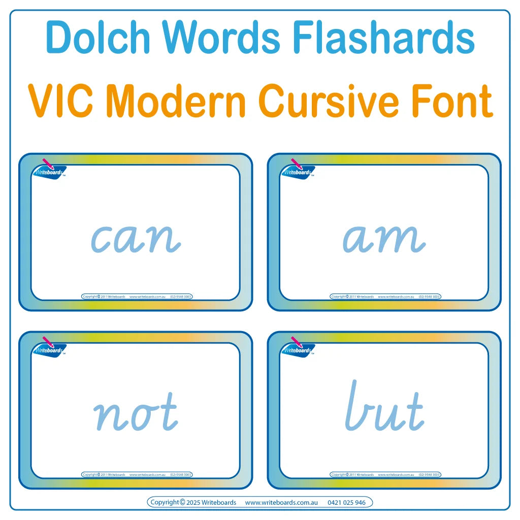 Teach 315 Dolch words using VIC Modern Cursive Font Flashcards and Bingo Games