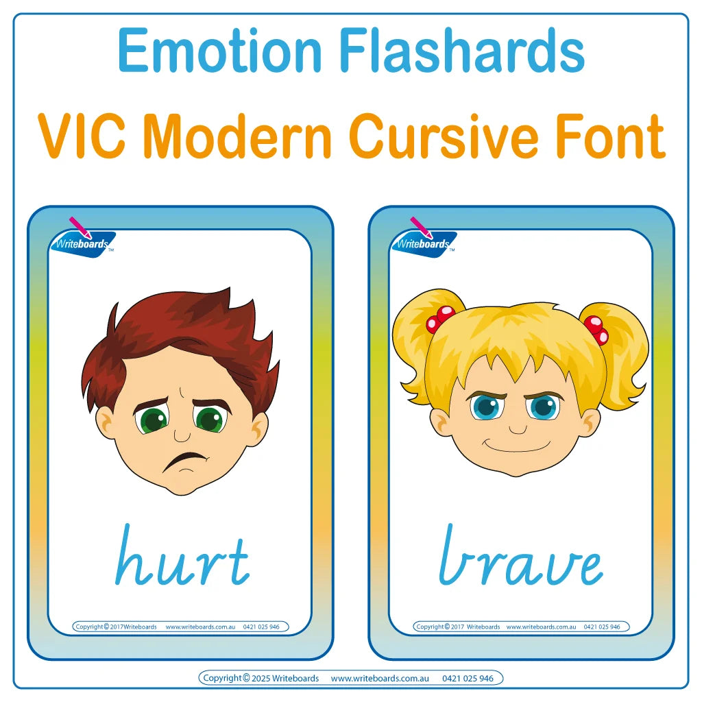 VIC Modern Cursive Font Emotion Flashcards for Prep & Childcare Educators