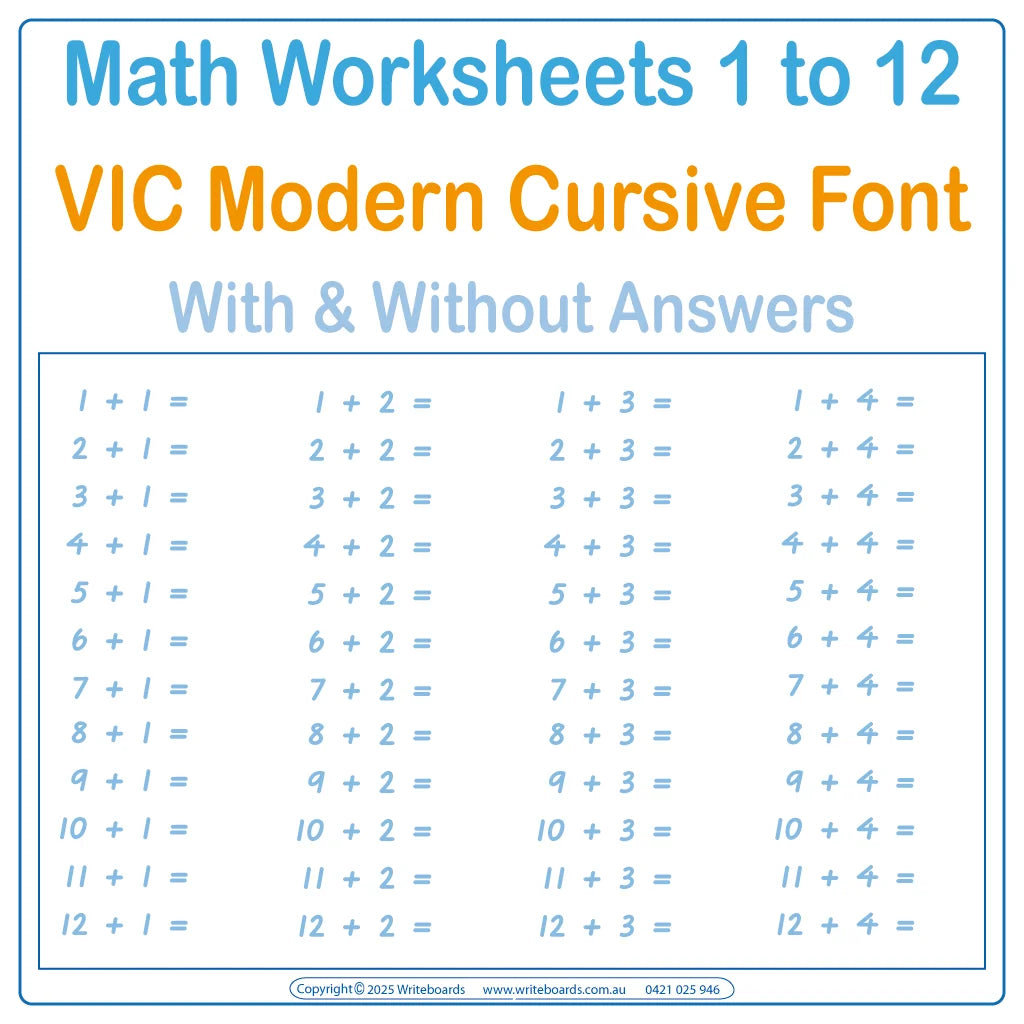 VIC Modern Cursive Font Math Worksheets for teachers - Covers addition – subtraction - multiplication - division