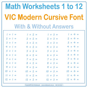 VIC Modern Cursive Font Math Worksheets for teachers - Covers addition – subtraction - multiplication - division
