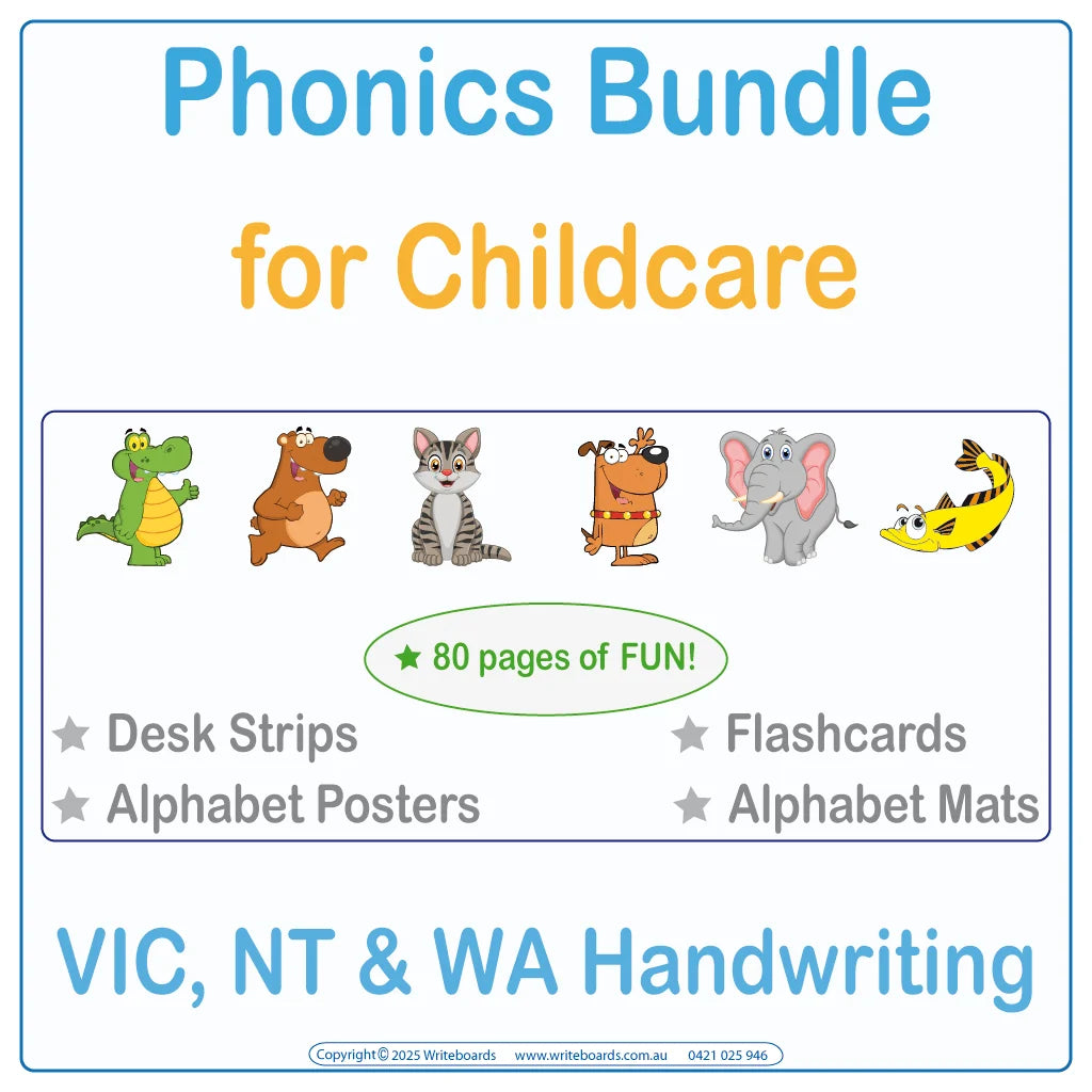 VIC Modern Cursive phonics bundle for childcare with posters mats desk strips flashcards letters and words