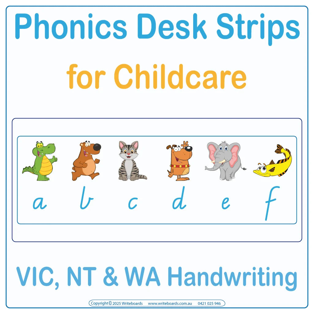 VIC Modern Cursive Font Phonics desk strips for kindergarten showing letter sounds with picture prompts