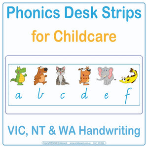VIC Modern Cursive Font Phonics desk strips for kindergarten showing letter sounds with picture prompts