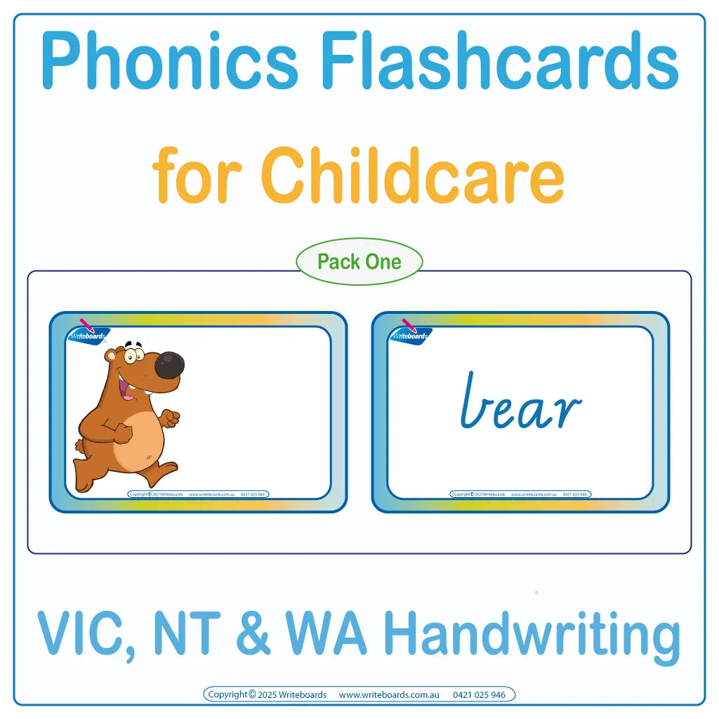 VIC Modern Cursive phonics flashcards for childcare showing the word with a matching picture
