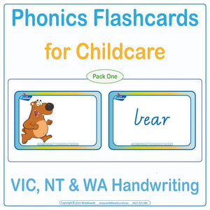 VIC Modern Cursive phonics flashcards for childcare showing the word with a matching picture