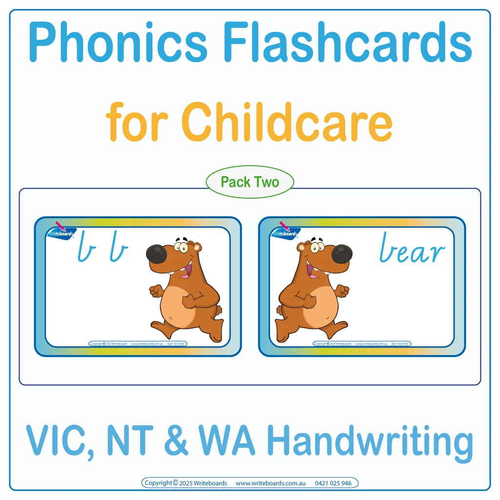 VIC Modern Cursive phonics flashcard for childcare showing a single letter with matching word and picture