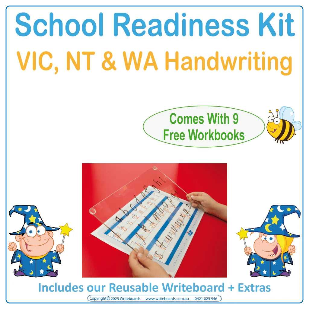VIC Modern Cursive Font School Readiness Kit with reusable Writeboard and worksheets for VIC kids
