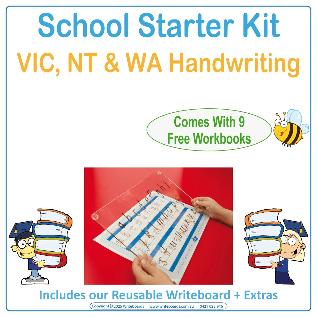 VIC Modern Cursive Font School Starter Kit includes reusable Writeboard worksheets and extras for Aussie kids